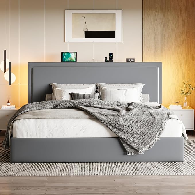SHA CERLIN King Size Hydraulic Lift-Up Storage Platform Bed Frame with Charging Station, RGB LED Lights, Adjustable Velvet Headboard, USB-A and USB-C Ports, No Box Spring Needed, Grey
