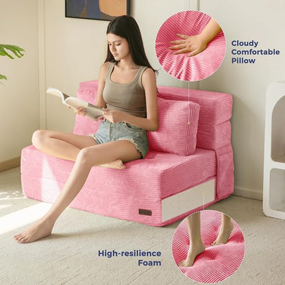 MAXYOYO Convertible Sofa Bed, Fold Out Sofa Couch with Pillow, 4 in 1 Tufted Folding Couch Bed Foam Floor Couch, Lazy Chair for Living Room Bedroom Guest Room, Pink