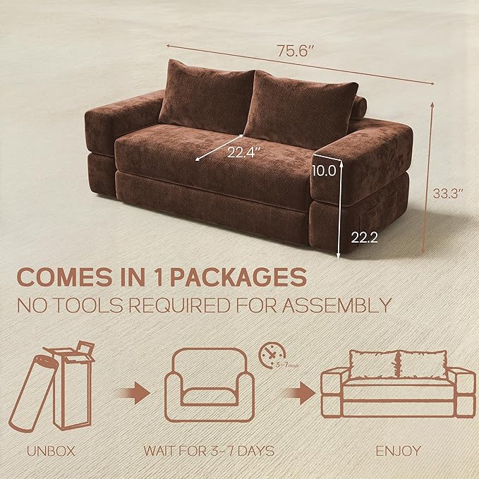 75'' Folding Convertible Sofa Bed with Large Pillow, 4-in-1 Foldable Pull Out Futon Sofa Bed, Chenille Boneless Mattress Couch, No Assembly Floor Sleeper Sofa Bed for Living Room/Bedroom, Caramel