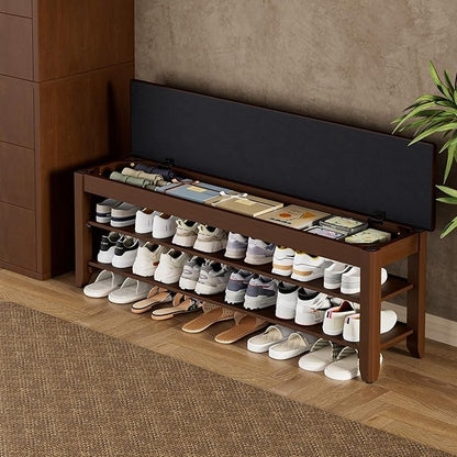 Homleke 2-Tier Solid Wood Shoe Rack Bench with Flip-Top Storage | Entryway Bench with Cushion, Adjustable Shelf, Holds Up to 12 Pairs, for Hallway, Bedroom and Closet, Walnut, 47.2 Inch