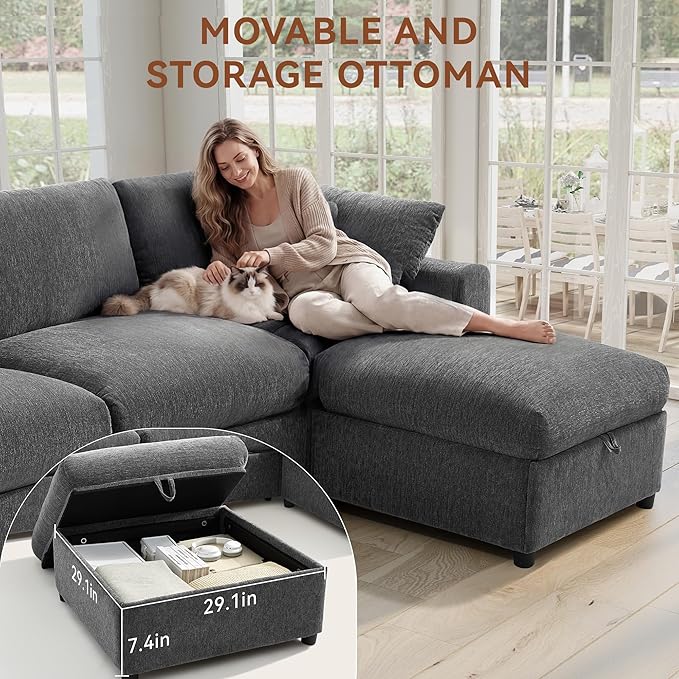 Ihanherry Cloud Sectional Couches for Living Room, 110" Large Modular Sectional Sofa with Wide Deep Seat, L Shaped Couch with Throw Pillow and Storage Ottoman, Dark Grey