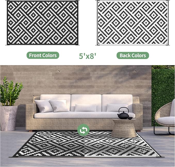 GENIMO 5'x8' Outdoor Rug Waterproof, Reversible Mats, Outdoor Area Rug, Plastic Outside Carpet, Geometric Rv Mat for Patio Camping Rv Picnic Backyard Deck Balcony Porch Beach Trailer (Black & White)