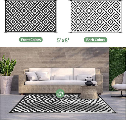 GENIMO 5'x8' Outdoor Rug Waterproof, Reversible Mats, Outdoor Area Rug, Plastic Outside Carpet, Geometric Rv Mat for Patio Camping Rv Picnic Backyard Deck Balcony Porch Beach Trailer (Black & White)