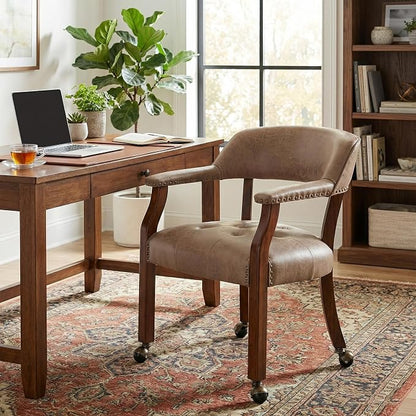 LEEMTORIG Large Dining Chairs with Casters and Arms, Rolling Dining Chairs with Wheels, Solid Wood Office Desk Chairs, 26“Dx25.2 Wx31.5“H, Cherry Legs & Yellowish Brown Fabric SY-1533-LT
