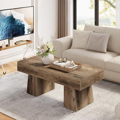 LITTLE TREE Farmhouse Coffee Table, 47 Inches Wooden Rectangular Accent Center Tables with Thick Base, Modern Low Cocktail Tea Furniture for Living Room (Rustic Brown)