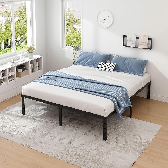 NEW JETO Metal Bed Frame,Queen Size Bed Frame with Storage Space,Heavy Duty Sturdy Mattress Foundation,Easy Assembly,No Box Spring Needed, Black,16 Inch,Queen