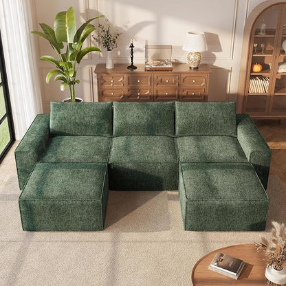 Vesgantti 114" Boneless Modular Sectional Sofa, Modern U Shaped 5 Seater Couch with 2 Ottoman & Deep Seat, Convertible Chenille Cloud Couches for Living Room, No Assembly Required, Green