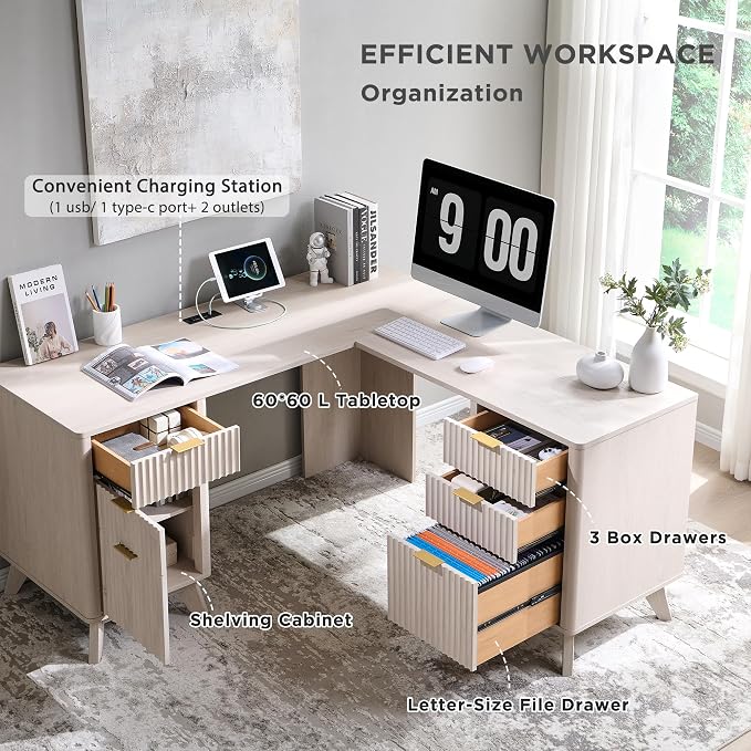 T4TREAM 60" Fluted Executive L Shaped Desk, Modern Home Office Desk with Charging Station and File Drawer, Computer Corner Desks with Drawers & Storage Cabinet for Office Home, Bedroom, Alder White
