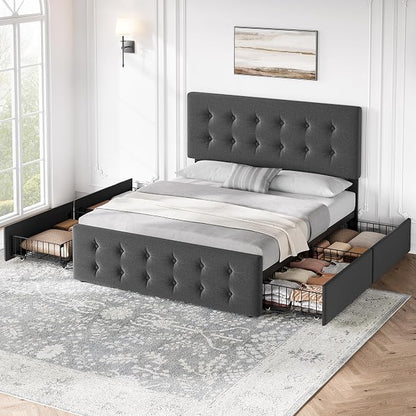 IDEALHOUSE Full Size Bed Frame with 4 Storage Drawers and Adjustable Headboard, Upholstered Mattress Foundation with Skin-Frienly Linen, No Box Spring Needed, Dark Grey (Full)