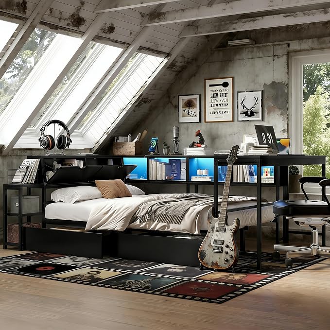 Bellemave Queen Size Corner Bed Frame with Storage Drawers, Bookcase and Side Desk, Queen Corner Bed with Light and Charging Station, Daybed for Bedroom, Living Room, Guest Room Black