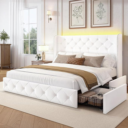 LARMACE Queen Size Bed Frame with LED Lights and 4 Storage Drawers Velvet Upholstered Platform Bed Frame with 47.2" Tall Tufted Headboard Wingback, No Box Spring Needed, Easy to Assemble, White