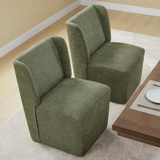 KISLOT Upholstered Dining Chairs Set of 2 with Casters, Wingback Modern Side Armless Deskchair with Rollers for Diningroom Bedroom Livingroom Reading Room, Green Fabric