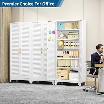 75" Metal Storage Cabinet with 5 Adjustable Shelves, White & Gold Tall Pantry Cabinet with Doors, 180 lbs Load Per Shelf, Heavy Duty Steel Organizer for Kitchen, Nursery,Garage