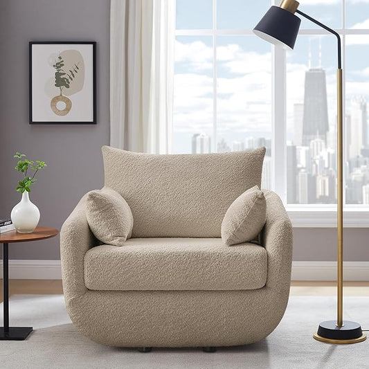 360° Swivel Accent Armchair, 39.3" Oversized, Sherpa Boucle Fabric Sofa Chair with Removable Back & Arm Pillows, Swivel Chair with Cozy Soft Padded (1, Camel)