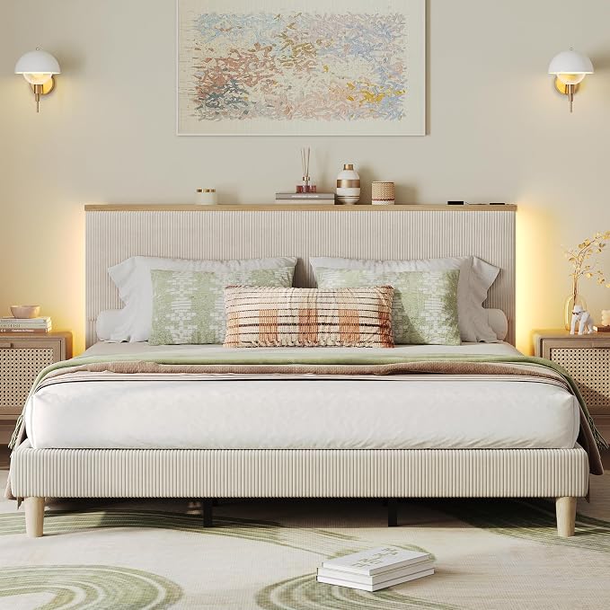 Bestier King Bed Frame with Adjustable Headboard & LEDLighting, Corduroy Upholstered Platform Bed Frame withStorage Shelf, Solid Wood Slats, No Box Spring Needed,Never Squeak, Easy Assembly, Beige