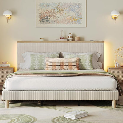 Bestier King Bed Frame with Adjustable Headboard & LEDLighting, Corduroy Upholstered Platform Bed Frame withStorage Shelf, Solid Wood Slats, No Box Spring Needed,Never Squeak, Easy Assembly, Beige