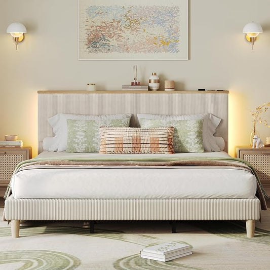 Bestier King Bed Frame with Adjustable Headboard & LEDLighting, Corduroy Upholstered Platform Bed Frame withStorage Shelf, Solid Wood Slats, No Box Spring Needed,Never Squeak, Easy Assembly, Beige