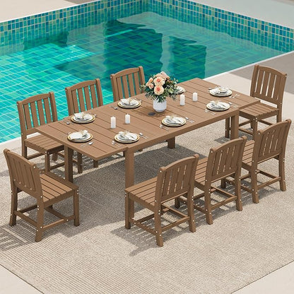 SERWALL Outdoor Patio Dining Set for 8, Brown | 60" - 83" Expandable Outdoor Dining Table and 8 HDPE Chairs, All Weather Material Outdoor Furniture Set Backyard, Garden