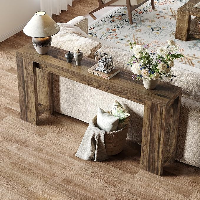 LITTLE TREE 70.9-Inch Long Entryway Table, Narrow Farmhouse Sofa Console Table for Living Room, Hallway, Walnut Brown