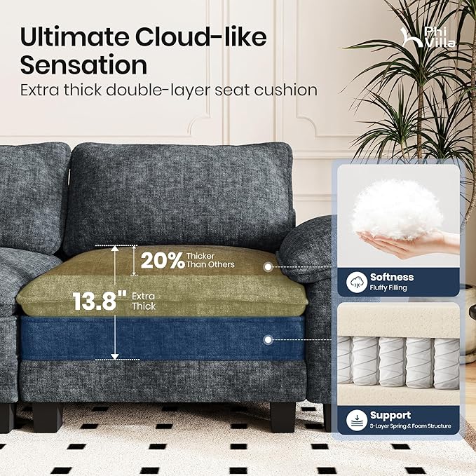 PHI VILLA Cloud Modular Couch Sets, 123.6" Oversized Sectional Sofa with U-Shaped Chaise, 5-Seater Couches with 2 Movable Ottomans for Living Room, Chenille Dark Cyan