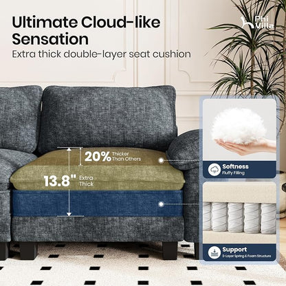 PHI VILLA Modern Modular Couches Sets, 123.6" Cloud Sectional Sofa with Upholstered Deep Seat, 3-Seater Couch for Living Room Small Spaces, Chenille Fabric, Dark Cyan