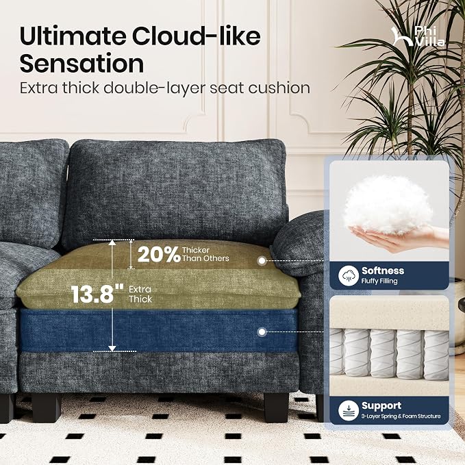 PHI VILLA Cloud Modular Couches Sets, 157.5" Sectional Sofa with Upholstered Deep Seat, 4-Seater Long Couches for Living Room Apartment, Chenille Fabric, Dark Cyan