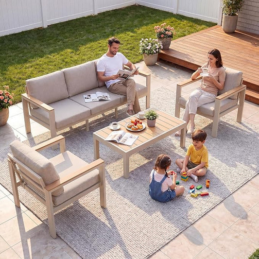 5-Seater Aluminum Patio Furniture Set, Outdoor Patio Conversation Set with 2 Chairs+3-Seat Sofa+Coffee Table, 1.5mm Thick Weather Resistant Frame, Removable Waterproof Cushions for Balcony Backyard