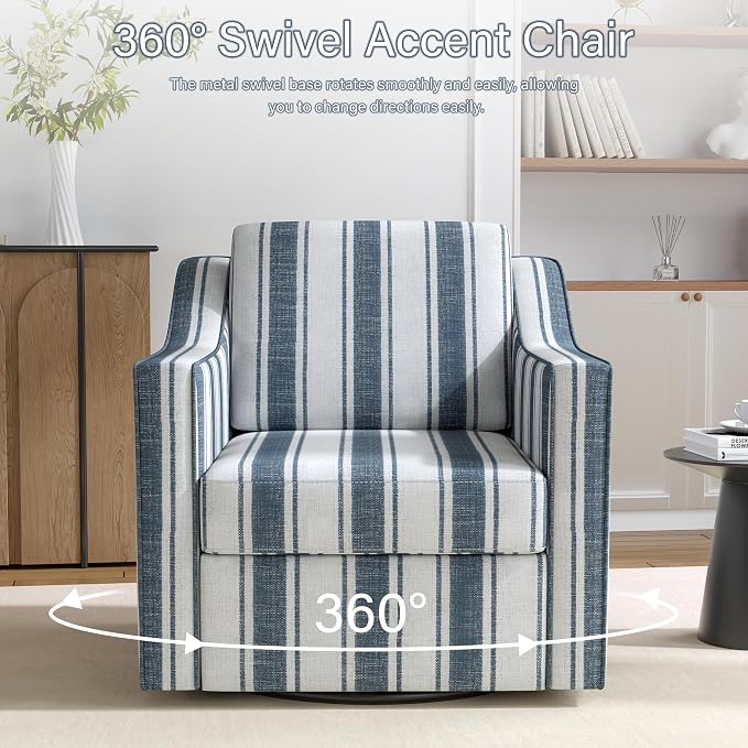 Swivel Accent Chairs Set of 2, 360° Swivel Upholstered Club Armchairs for Living Room, Comfy Fabric Single Sofa Reading Chair with Deep Seat, Metal Swivel Base, Navy
