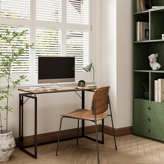 alawooder 31.5" Folding Desk: No Assembly, Wood Top for Small Spaces | Home office desk, holds 150 lbs, folds flat to 2.3 in, splash-proof wood top, sturdy metal frame
