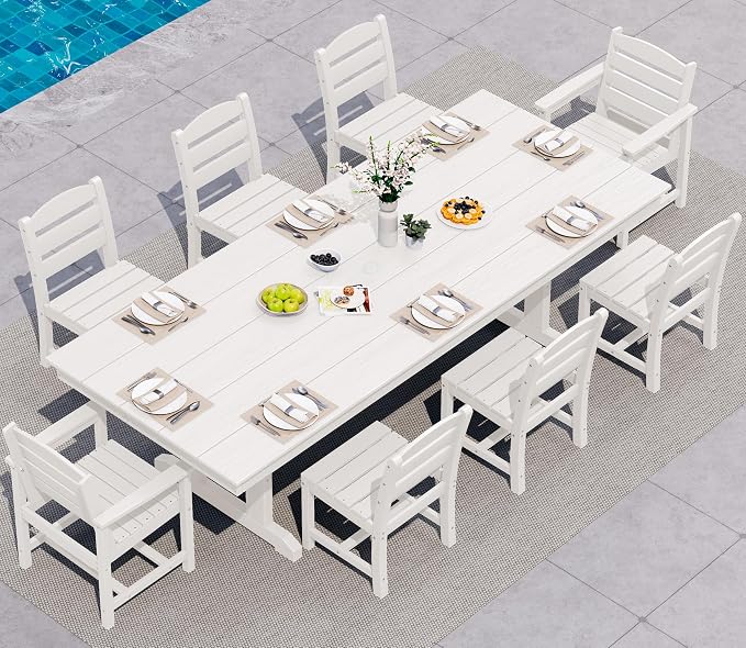 SERWALL 9 Piece 84" HDPE Outdoor Dining Set with 6 Armless Chairs, 2 Armchairs and Umbrella Hole for 8, White
