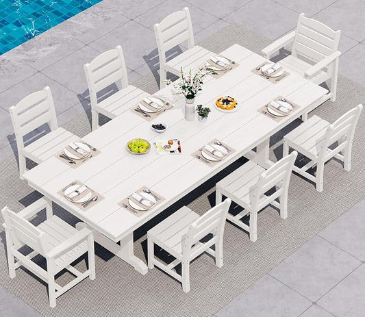 SERWALL 9 Piece 84" HDPE Outdoor Dining Set with 6 Armless Chairs, 2 Armchairs and Umbrella Hole for 8, White