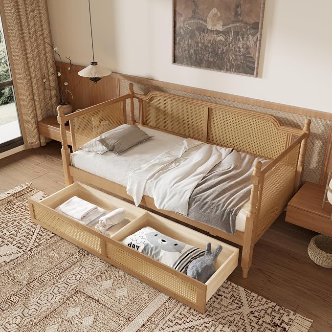 Merax Twin Size Rattan Bed Frame with 2 Storage Drawers, Wood Bedframe Daybed for Bedroom, Guest Room, Limited Space, No Box Spring Needed, Antique Walnut