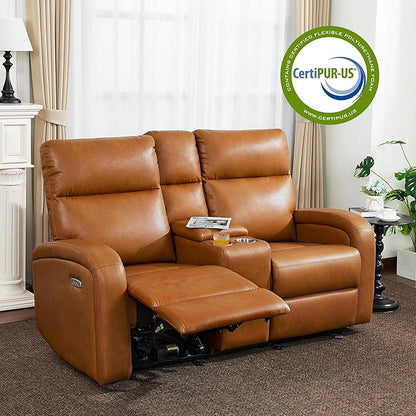 MCombo Zero Wall Recliner Loveseat, 2-Seat Power Wall Hugger Sofa with USB & Type-C Dual Ports, for Small Space, Living Room, RV PR646 (Cognac Brown, Loveseat with Console)