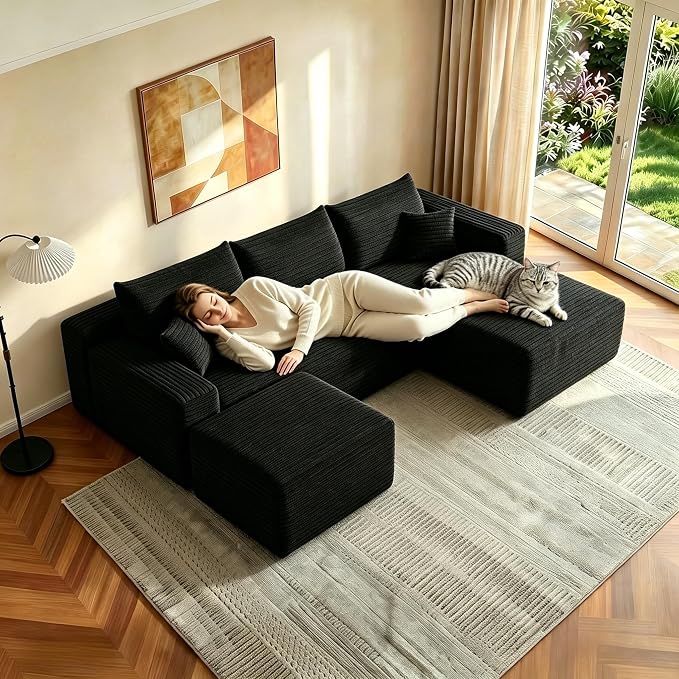 JINGLING 94" U Shaped Boneless Sectional Couch Set for Living Room, Plush Corduroy Modular Sofa with Ottoman, Small Space Apartment Couch, No Assembly, Right Facing Chaise, Black
