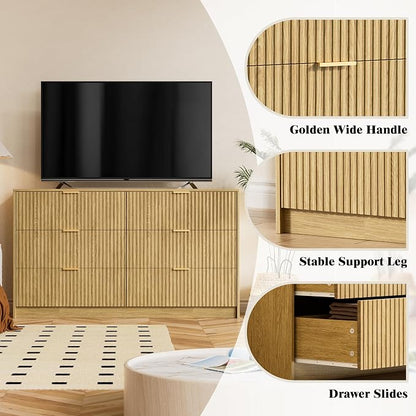 Furniway Mid Century Modern Dresser for Bedroom, 6 Drawer Wood Dresser with Fluted Front, 55.1" Wide Chest of Drawers for Living Room, Hallway, Natural Oak