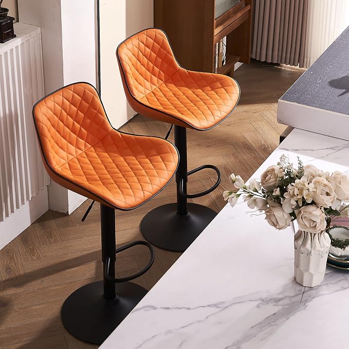 YOUTASTE Orange Black Bar Stools Set of 2, Adjustable Counter Height Swivel Barstools with Faux Leather & Metal Legs, 300 lbs Capacity, Mid-Century Modern Style for Kitchen Island, Home & Restaurant