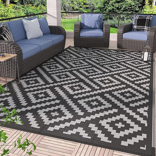 GENIMO Outdoor Rug 4x6 Waterproof, Reversible Mats, Outdoor Area Rug, Plastic Outside Carpet, Eeometric Rv Mat for Patio Camping Rv Picnic Backyard Deck Balcony Porch Beach (Black & Grey)