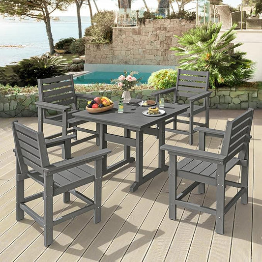 5 Piece Patio Dining Set, 35" Square HDPS Weather Resistant Outdoor Table & 4 Patio Chairs Set with 1.96" Umbrella Hole, Heavy Duty for Small Space Backyard Balcony, Grey