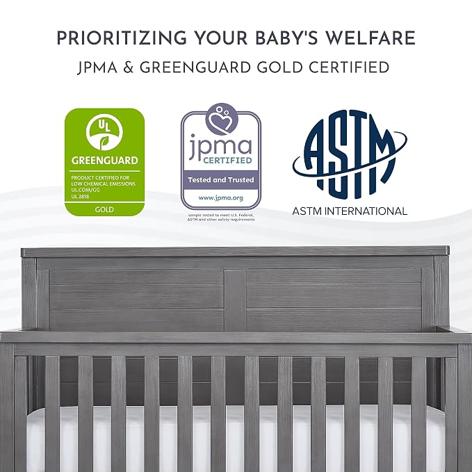 Evolur Belmar Flat 5-in-1 Convertible Full-Size Baby Crib in Rustic Grey, GreenGuard Gold & JPMA, Converts to Toddler, Day & Full-Size Bed, 3 Mattress Heights Crafted in Kiln-Dried Hardwood