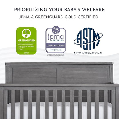Evolur Belmar Flat 5-in-1 Convertible Full-Size Baby Crib in Rustic Grey, GreenGuard Gold & JPMA, Converts to Toddler, Day & Full-Size Bed, 3 Mattress Heights Crafted in Kiln-Dried Hardwood
