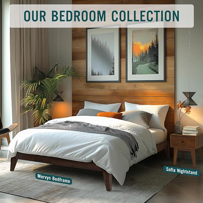 Acacia Mervyn Queen Bed Frame Solid Wood Platform Bed, 800 lbs Capacity Signature Mid Century Wood Bed Compatible with All Mattress Types, 30 Mins Assembly, Bed Frame Queen Size, Chocolate