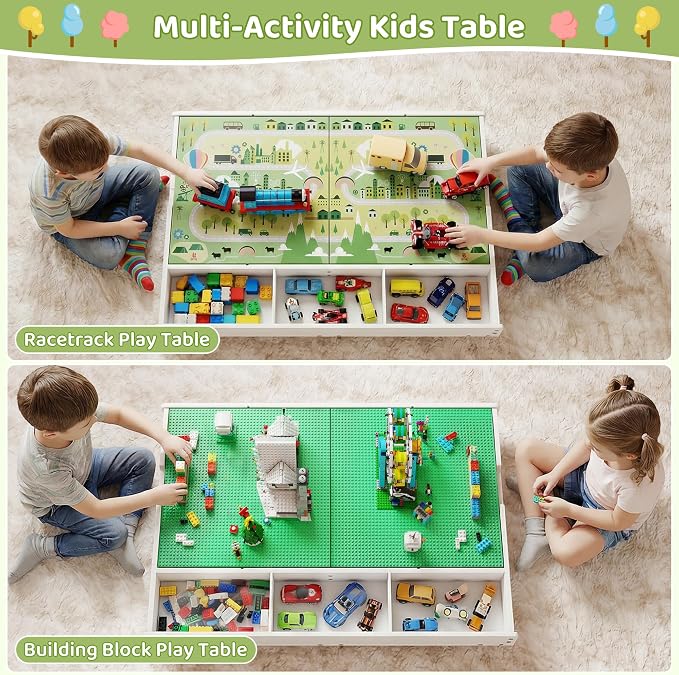 GITAWUSA 3-in-1 Construction Play Table with Storage Compatible with Lego, Rolling Kids Activity Table, Double Sided Desktop, Train Table for Toddlers 3-8, Convenient Storage Under the Bed and Sofa