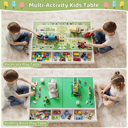 GITAWUSA 3-in-1 Construction Play Table with Storage Compatible with Lego, Rolling Kids Activity Table, Double Sided Desktop, Train Table for Toddlers 3-8, Convenient Storage Under the Bed and Sofa