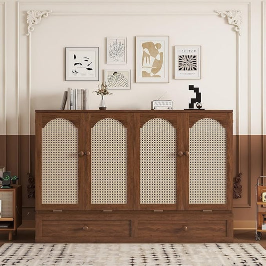 PVWIIK Queen Size Murphy Bed Cabinet with Power Station & Large Drawer for Bedroom,Pine Wood Folding Chest Bed with Rattan Panel, Space-Saving Wall Bed, Walnut