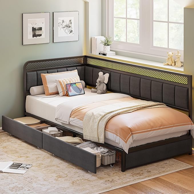 LIKIMIO Twin XL Corner Bed Frame, Modern Daybed with Upholstered Guardrail | Under-Bed Storage Drawers, Built-in Charging Station, Adjustable Smart LED Lights, Gray