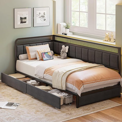 LIKIMIO Twin XL Corner Bed Frame, Modern Daybed with Upholstered Guardrail | Under-Bed Storage Drawers, Built-in Charging Station, Adjustable Smart LED Lights, Gray