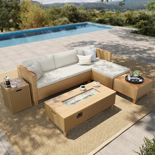 HERA'S HOUSE Small Patio Furniture Set with Fire Pit Table, 5 Pieces 4 Seats Wicker Outdoor Sectional Sets,Yellow Rattan Conversation Set with Sofa and Table for Backyard, l Shape Balcony Couch