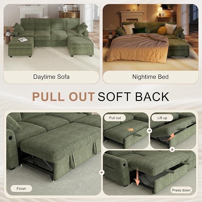Hanherry 104" Sectional Sofa with Pull Out Couch Bed,Corduroy 4 Seater Sleeper Sofa with Storage Ottoman & USB Charging,Comfy U Shaped Modular Couches for Living Room,Apartment