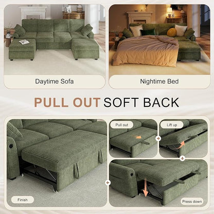 Hanherry 104" Sectional Sofa with Pull Out Couch Bed,Corduroy 4 Seater Sleeper Sofa with Storage Ottoman & USB Charging,Comfy U Shaped Modular Couches for Living Room,Apartment