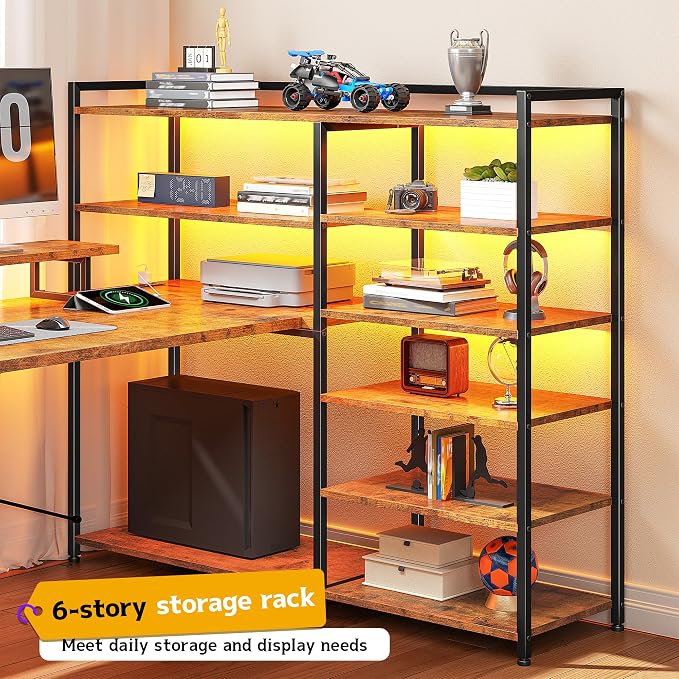 DurayLoly 63" L Shaped Desk with Monitor Stand & CPU Stand, Reversible Computer Desk with 6-Tier Shelves& 2 Fabric Drawers, Ergonomic Desk with Power Outlet & LED Lights for Home Office,Rustic Brown